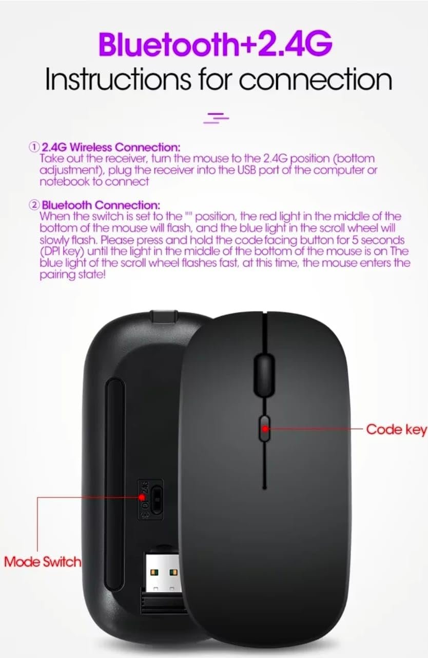 Wireless Mouse, Bluetooth and 2.4G Dual Mode, Rechargeable (Black)