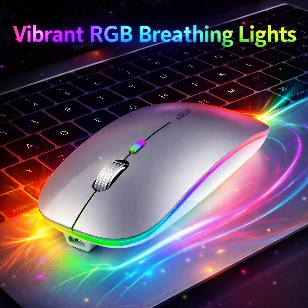 Slim Wireless Mouse with Rechargeable Battery | Dual Mode BT + 2.4GHz Mouse | Silent Click | 800/1200/1600 DPI Adjustable | Multicolor LED | Lightweight Ergonomic Mouse for Laptop & PC