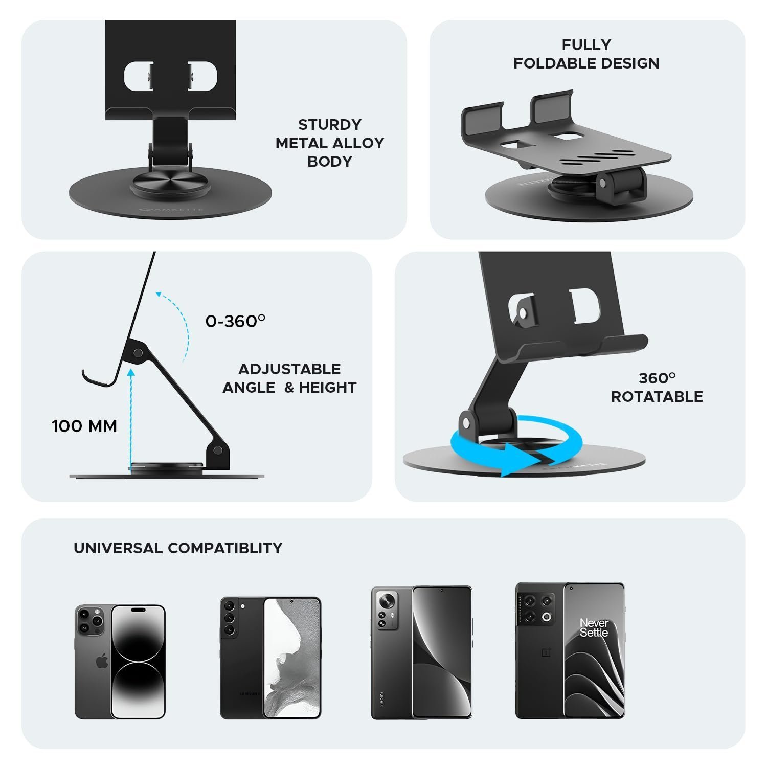Ergo 360° Alloy Mobile Stand for Desk, Foldable Design with Stable Rotational Metallic Round Base, Multiple Height & Angle adjustments for Smartphones, Tablets & iPad (Black)
