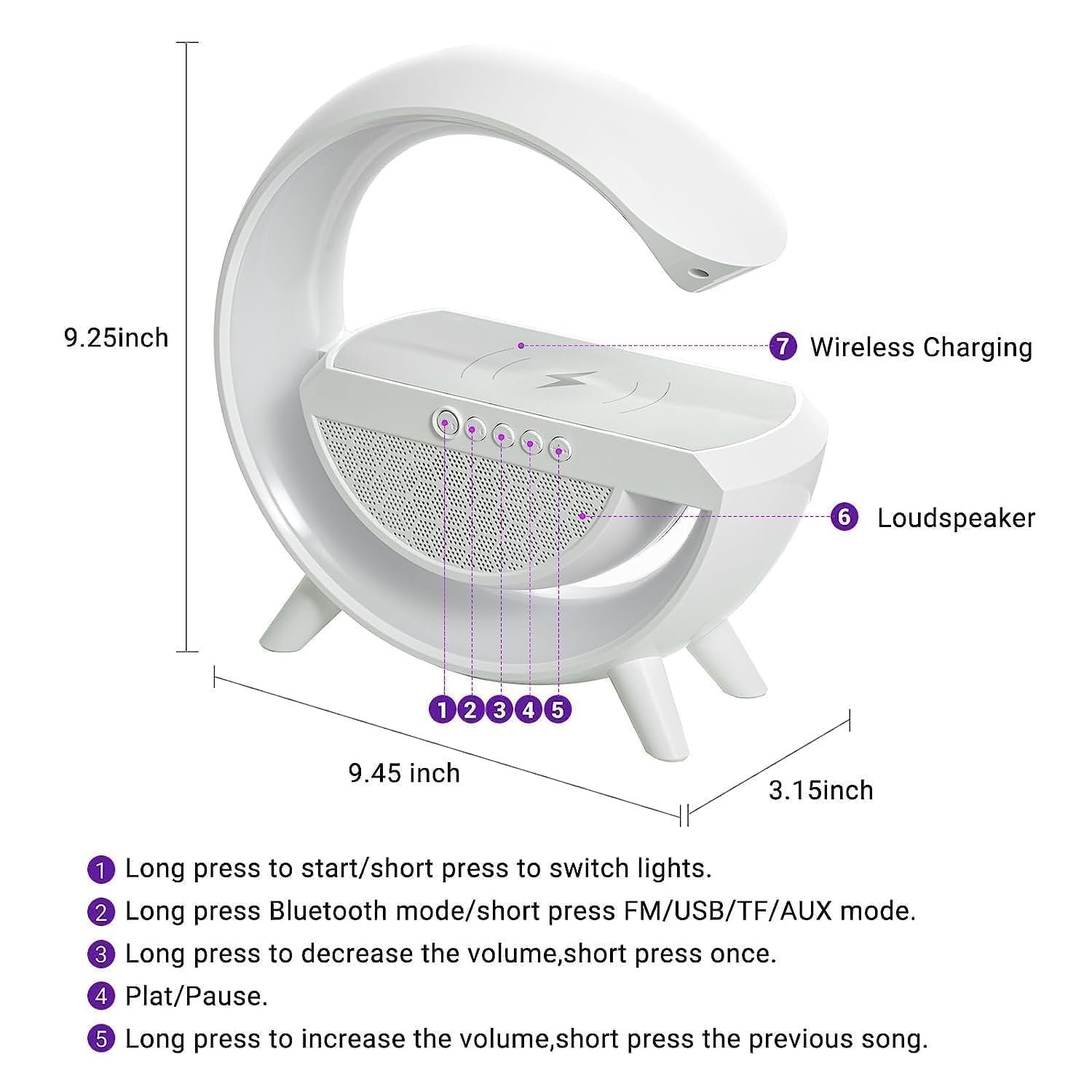 SHRIVYAA G Shape Bluetooth Speaker Lamp, 15W Wireless Charger, RGB Night Light | FM Radio, Bluetooth Speaker, USB/TF/AUX Music Player for Bedroom, Desk & Office