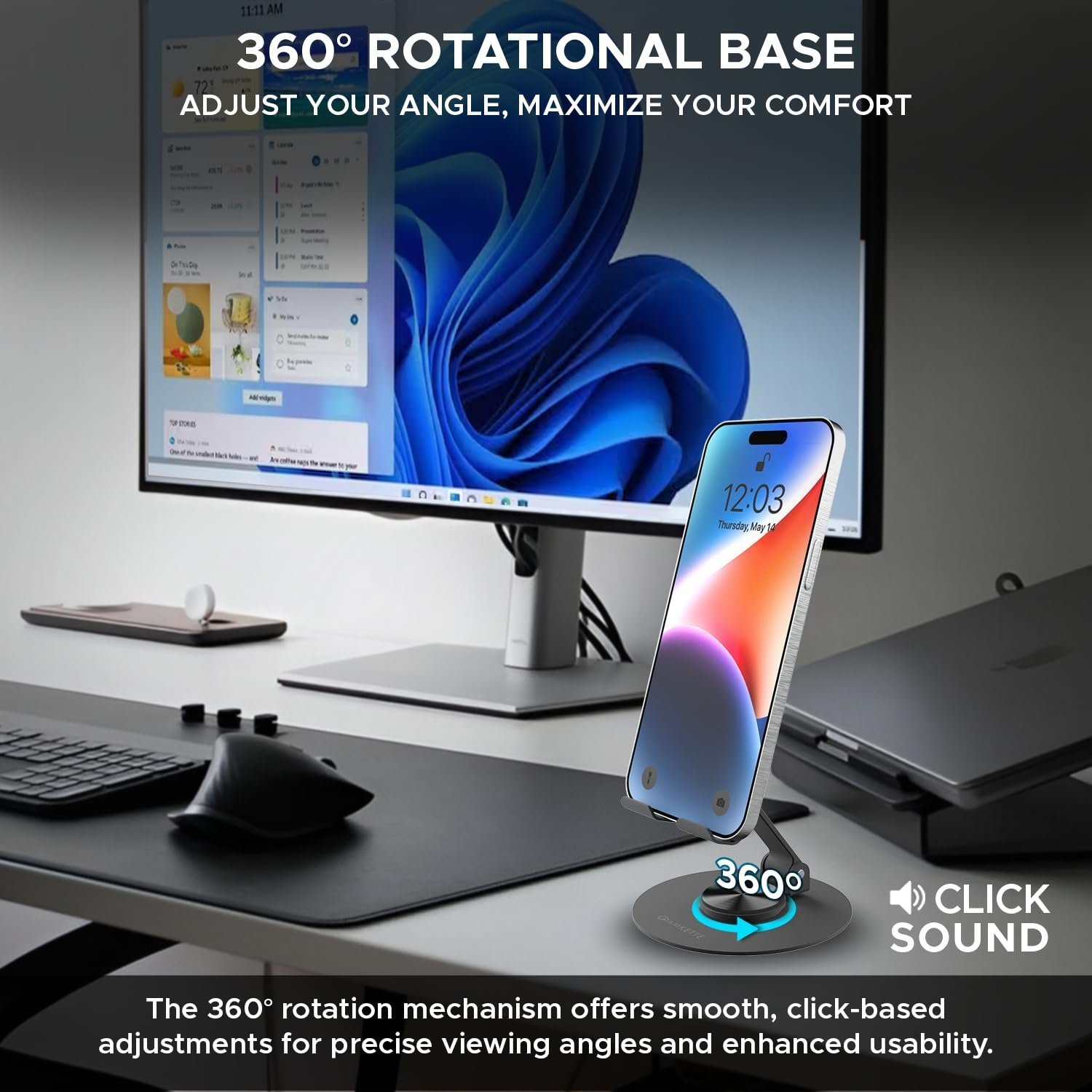 Ergo 360° Alloy Mobile Stand for Desk, Foldable Design with Stable Rotational Metallic Round Base, Multiple Height & Angle adjustments for Smartphones, Tablets & iPad (Black)
