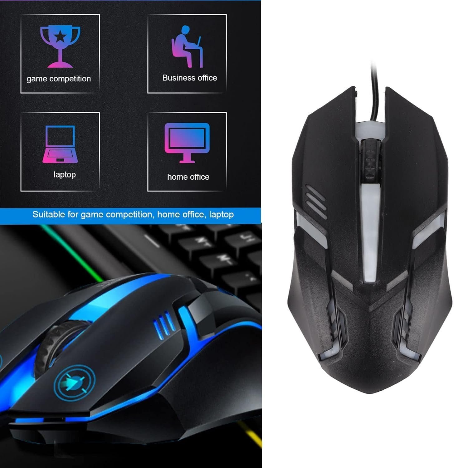 RGB Gaming Mouse, 1600 DPI USB Wired Computer Mice, 3D Scroll Wheel, Adjustable DPI, Ergonomic Mouse for Win10, for Win 8, for Win 7, for Win Vista or for Win (Black)