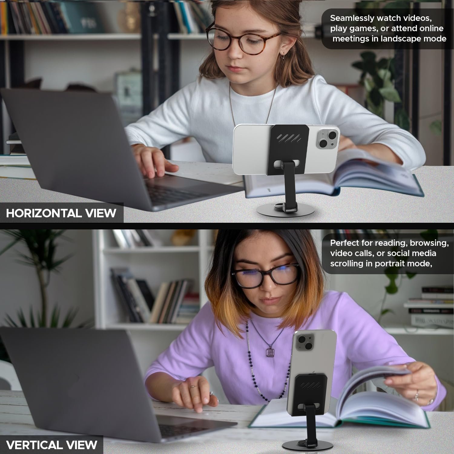 Ergo 360° Alloy Mobile Stand for Desk, Foldable Design with Stable Rotational Metallic Round Base, Multiple Height & Angle adjustments for Smartphones, Tablets & iPad (Black)