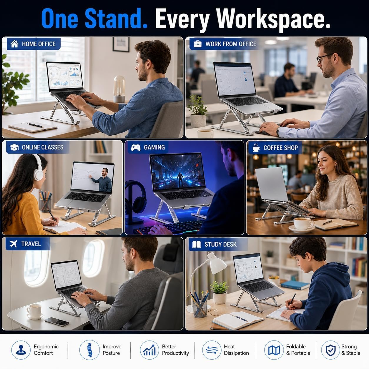 Aluminum Foldable Laptop Stand for Desk, Adjustable Ergonomic Notebook Stand, Portable Ventilated Laptop Riser Compatible with MacBook, HP, Dell, Lenovo, ASUS & Laptops Up to 17.3 Inch