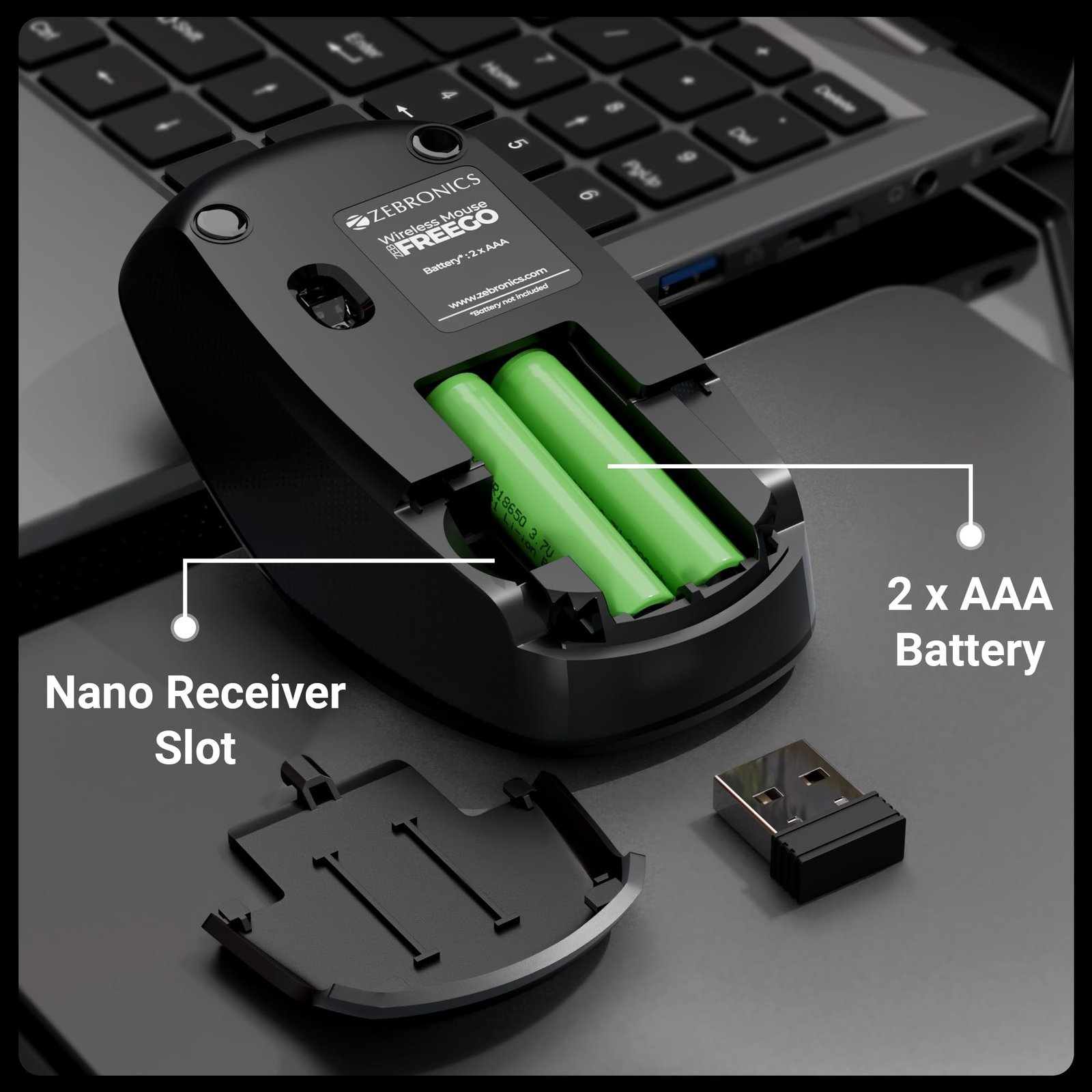 Wireless Mouse, 2.4GHz, 3200 DPI, 3 Buttons, Comfortable & Ergonomic, USB Nano Receiver, Power-Saving Mode, Works on Most Surfaces, for Mac | Laptop | Computer (Freego, Black)