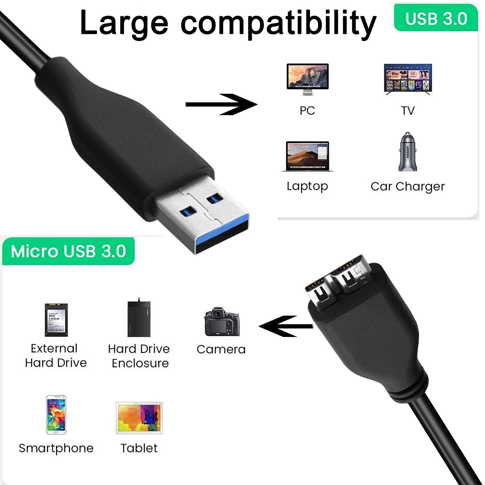 Micro USB 3.0 Cable A to Micro B for External Hard Drives