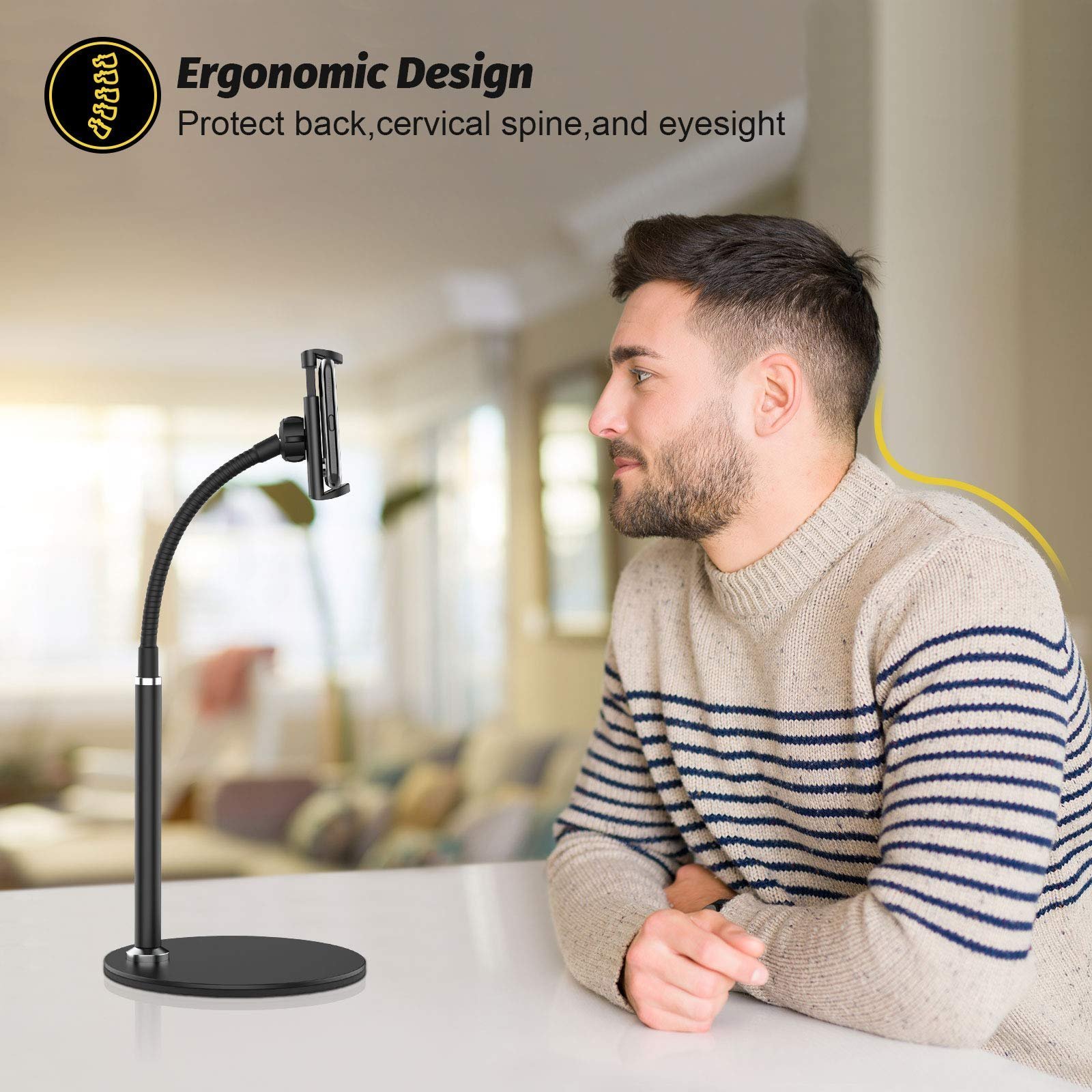 Cell Phone Stand, Adjustable Height & Angle Phone Holder Gooseneck Flexible Arm Universal Phone Stand for Desk, Aluminum Alloy Desktop Cell Phone Holder Compatible with 3.5"-6.5" Device (Black)