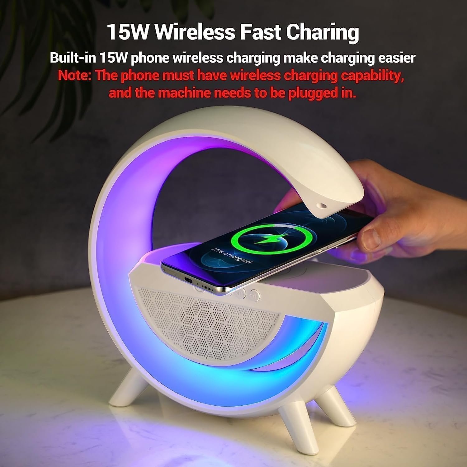 SHRIVYAA G Shape Bluetooth Speaker Lamp, 15W Wireless Charger, RGB Night Light | FM Radio, Bluetooth Speaker, USB/TF/AUX Music Player for Bedroom, Desk & Office