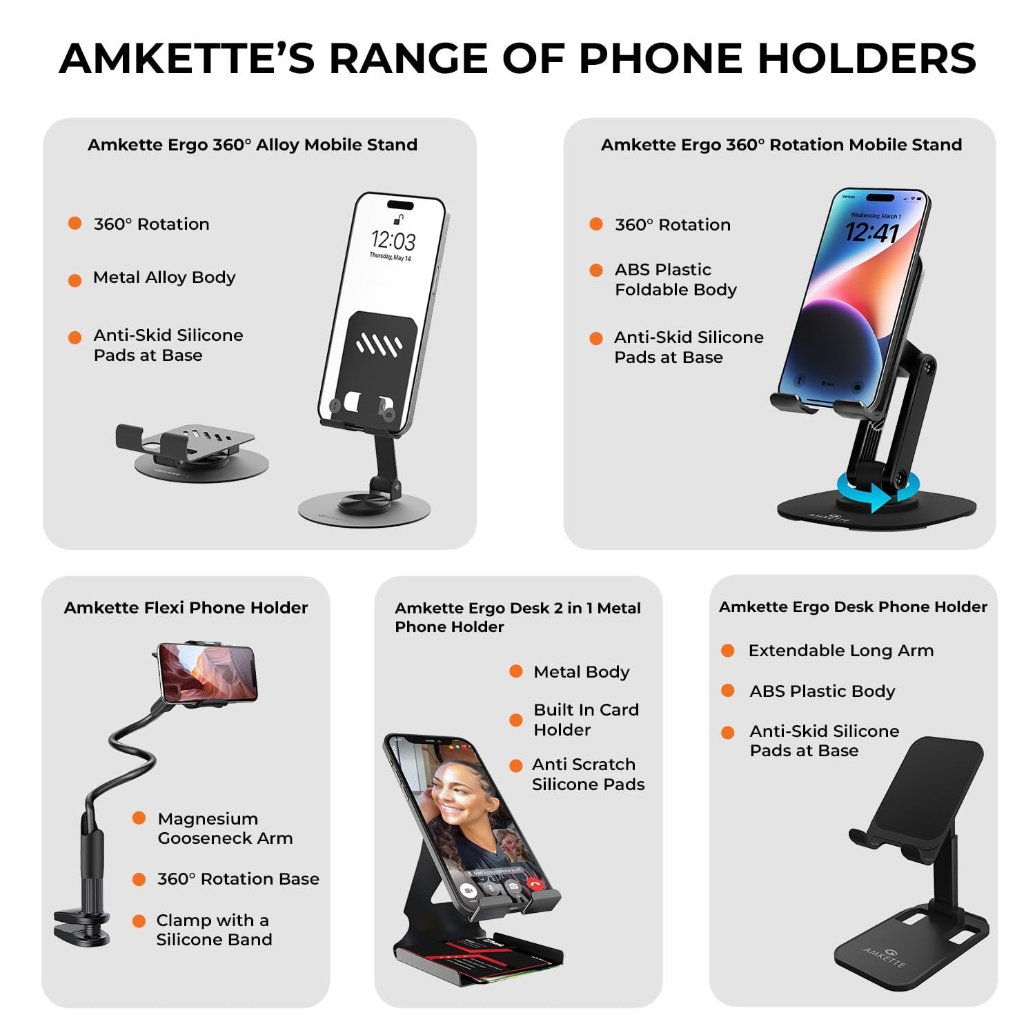 Ergo 360° Alloy Mobile Stand for Desk, Foldable Design with Stable Rotational Metallic Round Base, Multiple Height & Angle adjustments for Smartphones, Tablets & iPad (Black)