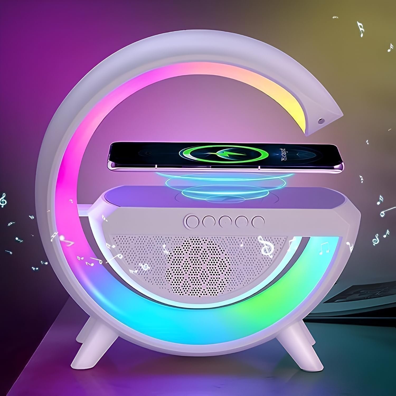 SHRIVYAA G Shape Bluetooth Speaker Lamp, 15W Wireless Charger, RGB Night Light | FM Radio, Bluetooth Speaker, USB/TF/AUX Music Player for Bedroom, Desk & Office