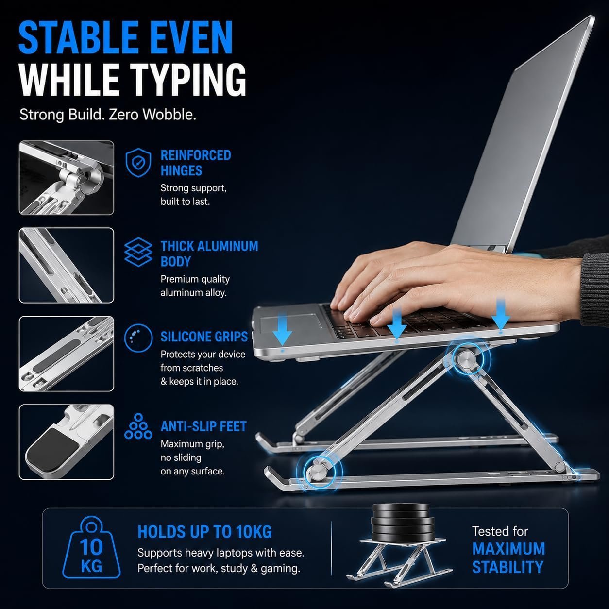 Aluminum Foldable Laptop Stand for Desk, Adjustable Ergonomic Notebook Stand, Portable Ventilated Laptop Riser Compatible with MacBook, HP, Dell, Lenovo, ASUS & Laptops Up to 17.3 Inch