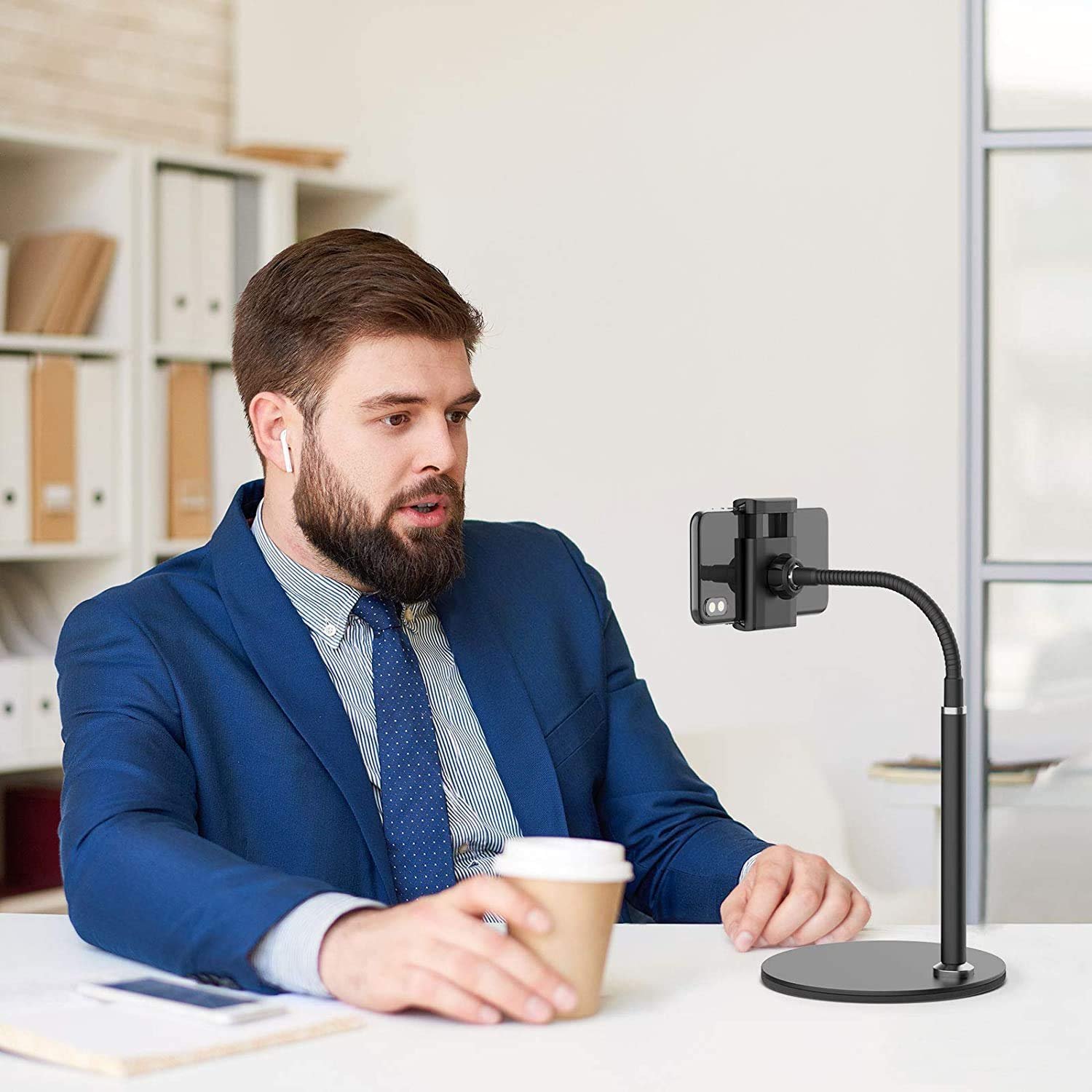 Cell Phone Stand, Adjustable Height & Angle Phone Holder Gooseneck Flexible Arm Universal Phone Stand for Desk, Aluminum Alloy Desktop Cell Phone Holder Compatible with 3.5"-6.5" Device (Black)