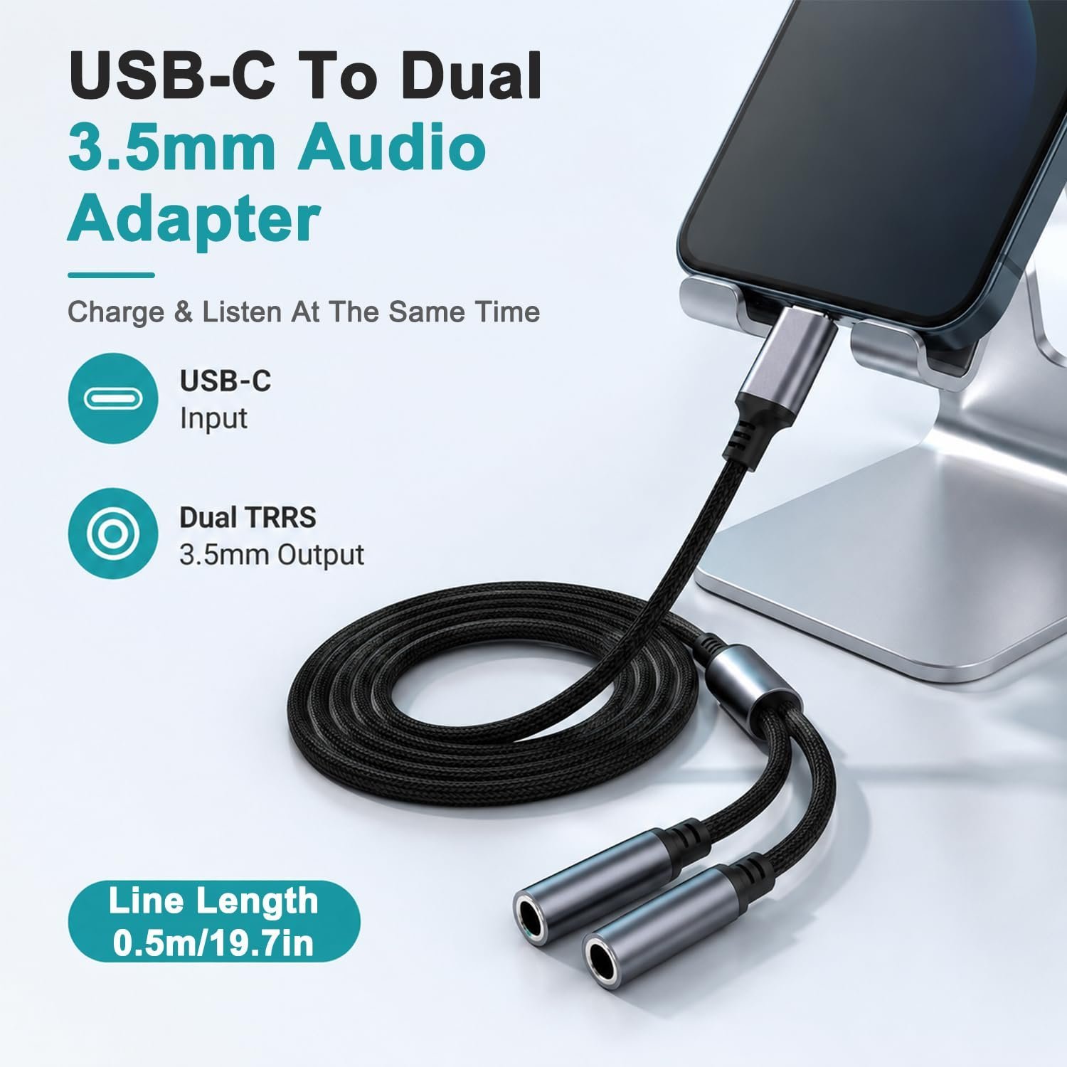 0.5M Type C to Dual 3.5mm Headphone Splitter with High Res DAC Chip