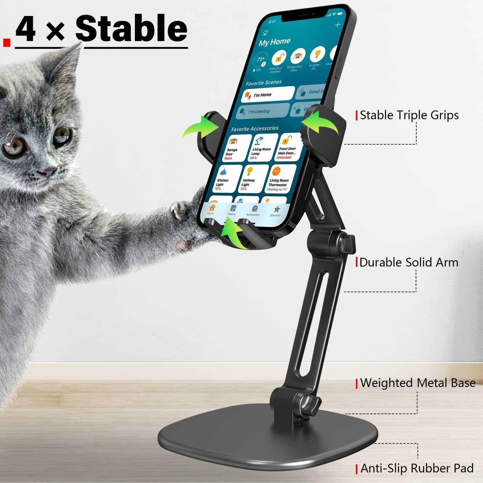 Height-Adjustable Phone Stand with Triple Clamp and Heavy Base