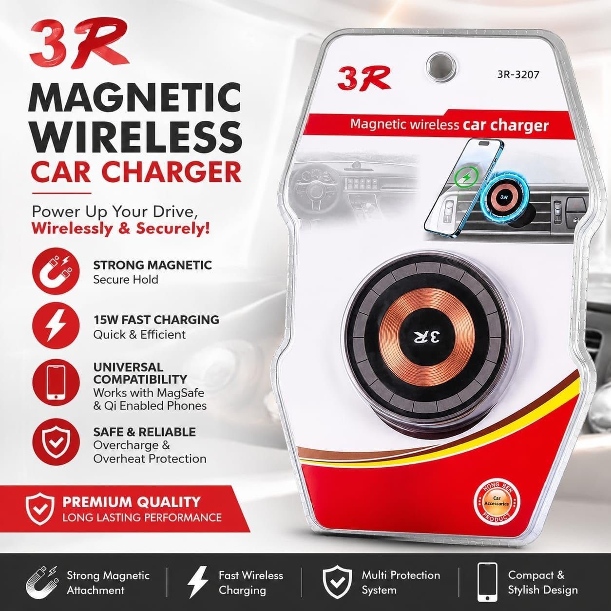 Magnetic Wireless Car Charger Compatible with MagSafe and Qi, 15W