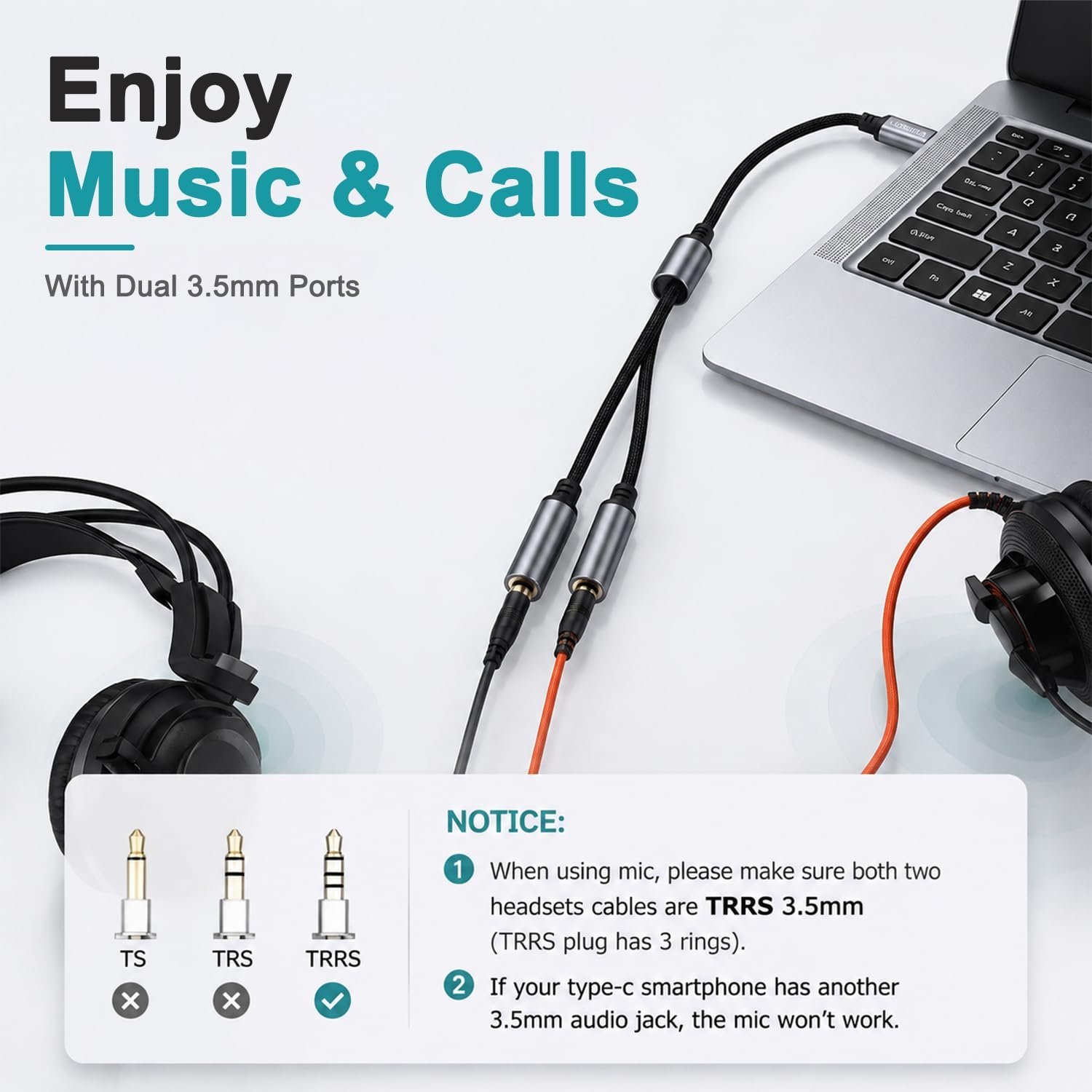 0.5M Type C to Dual 3.5mm Headphone Splitter with High Res DAC Chip