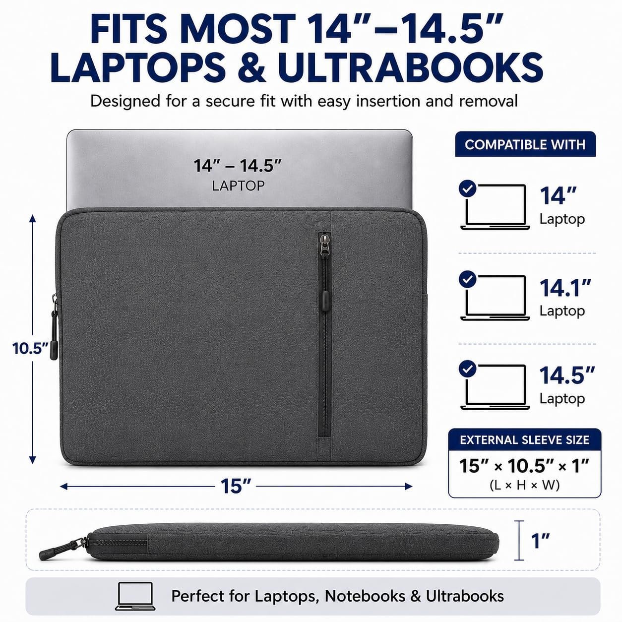Laptop Sleeve 14 Inch Waterproof with Charger Pouch Protective Case