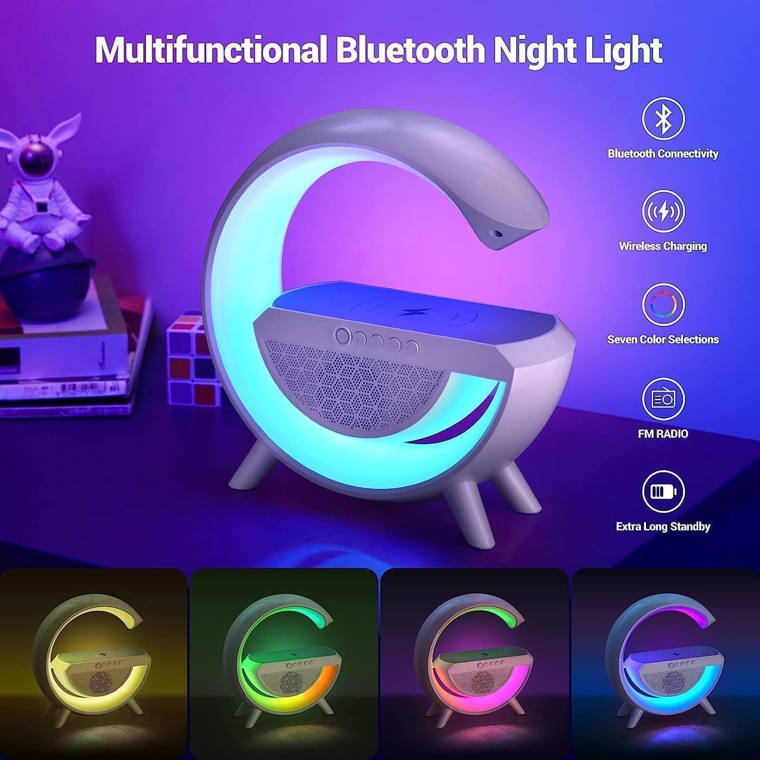 SHRIVYAA G Shape Bluetooth Speaker Lamp, 15W Wireless Charger, RGB Night Light | FM Radio, Bluetooth Speaker, USB/TF/AUX Music Player for Bedroom, Desk & Office