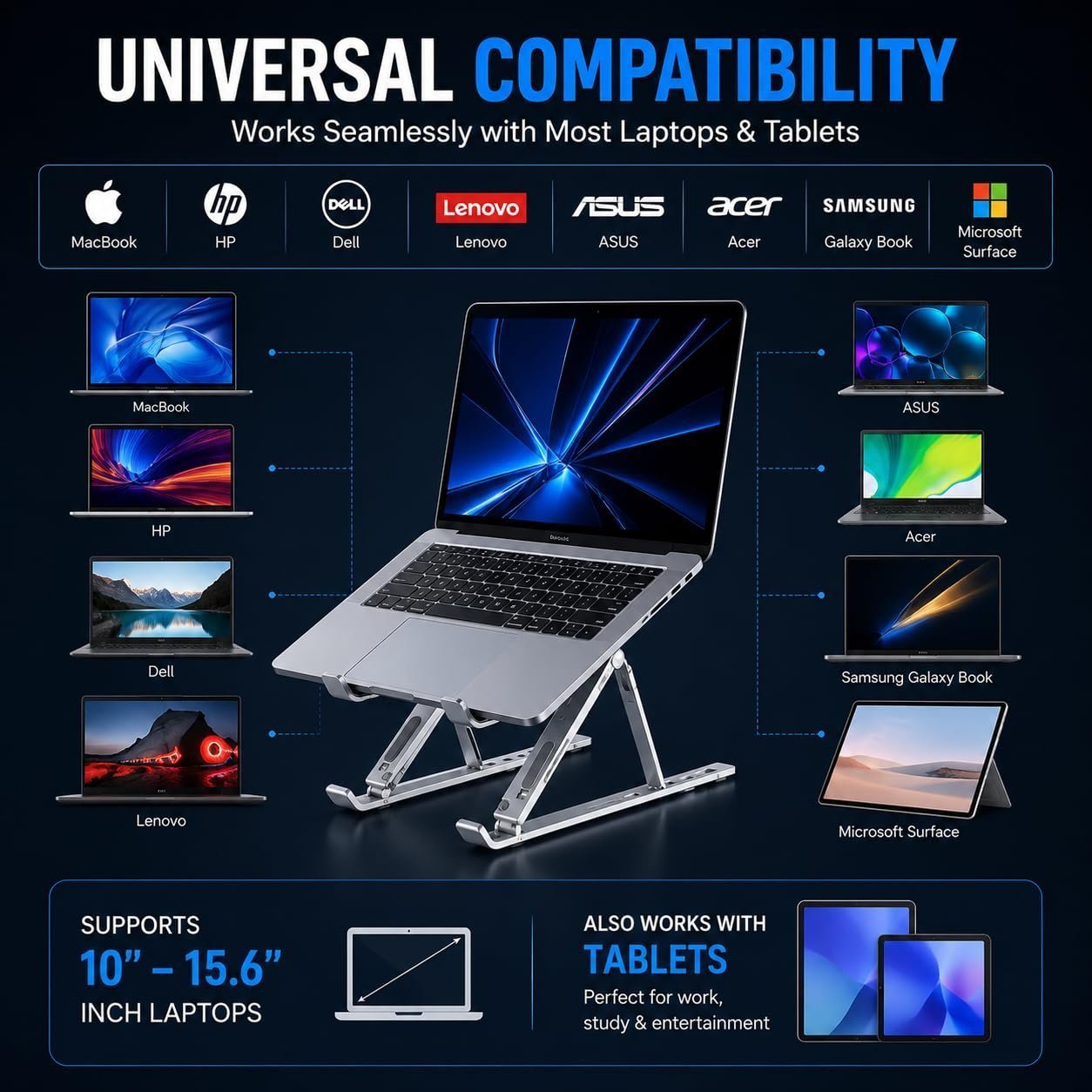 Aluminum Foldable Laptop Stand for Desk, Adjustable Ergonomic Notebook Stand, Portable Ventilated Laptop Riser Compatible with MacBook, HP, Dell, Lenovo, ASUS & Laptops Up to 17.3 Inch
