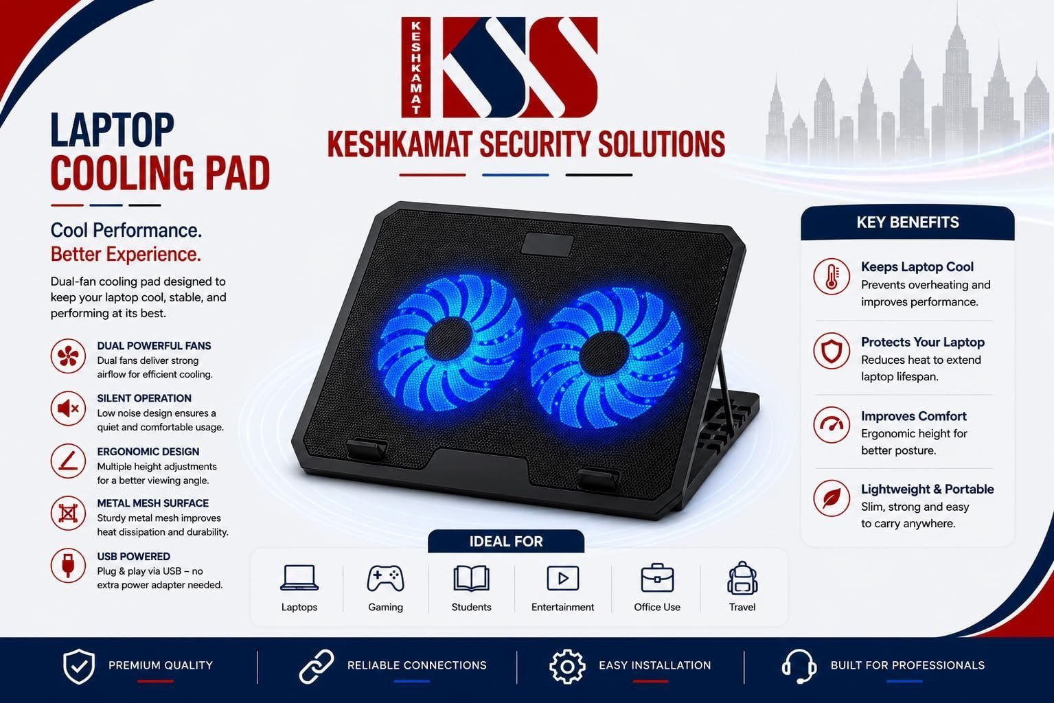 Laptop Cooling Pad with Dual Fan | Blue LED