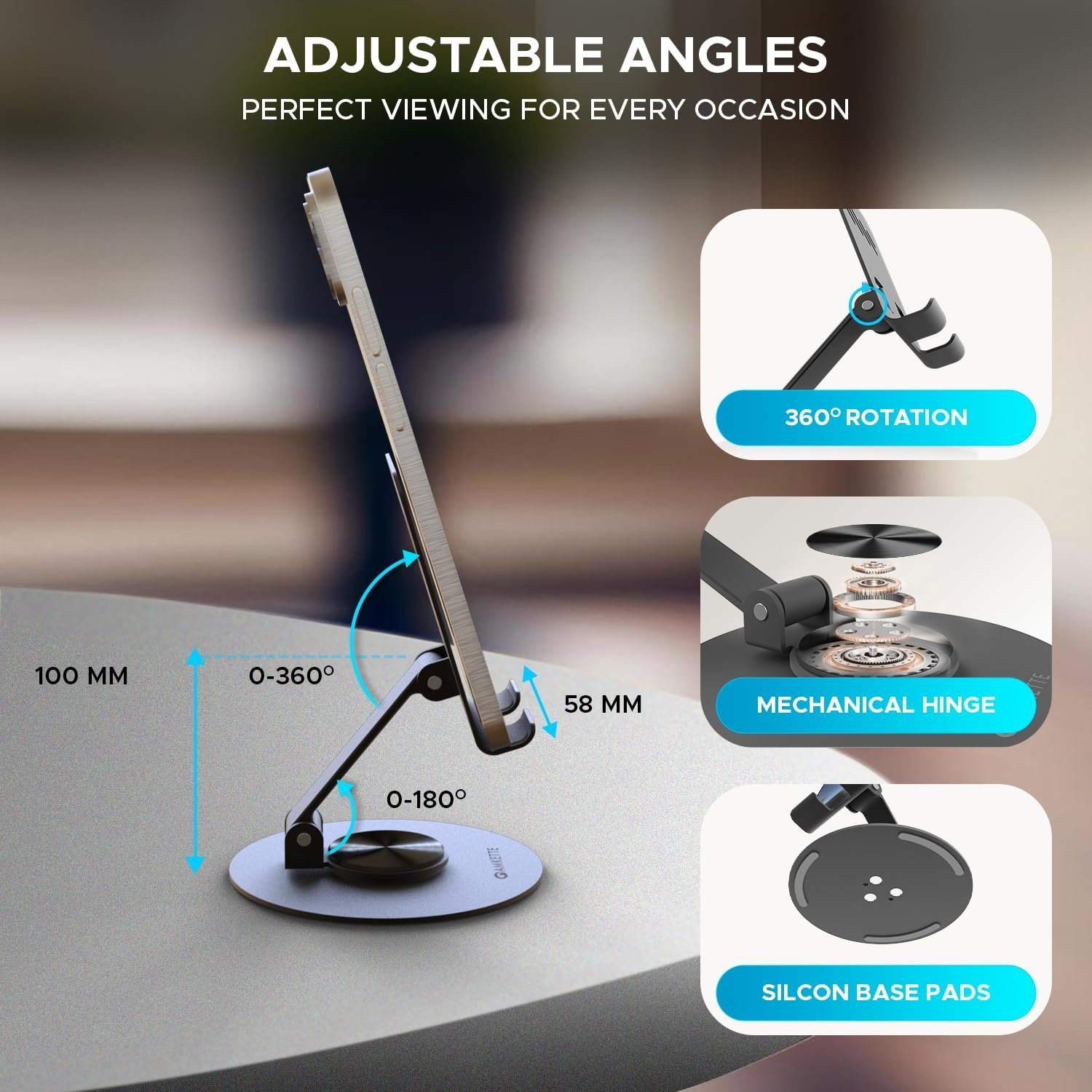 Ergo 360° Alloy Mobile Stand for Desk, Foldable Design with Stable Rotational Metallic Round Base, Multiple Height & Angle adjustments for Smartphones, Tablets & iPad (Black)