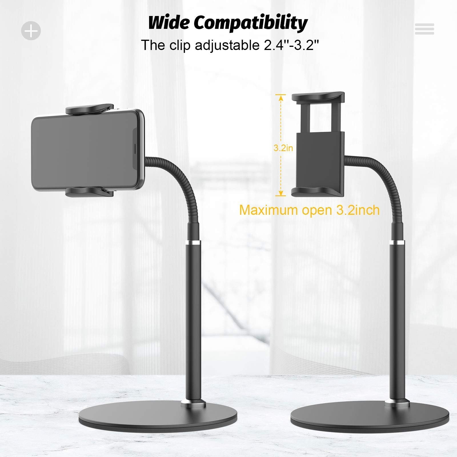 Cell Phone Stand, Adjustable Height & Angle Phone Holder Gooseneck Flexible Arm Universal Phone Stand for Desk, Aluminum Alloy Desktop Cell Phone Holder Compatible with 3.5"-6.5" Device (Black)