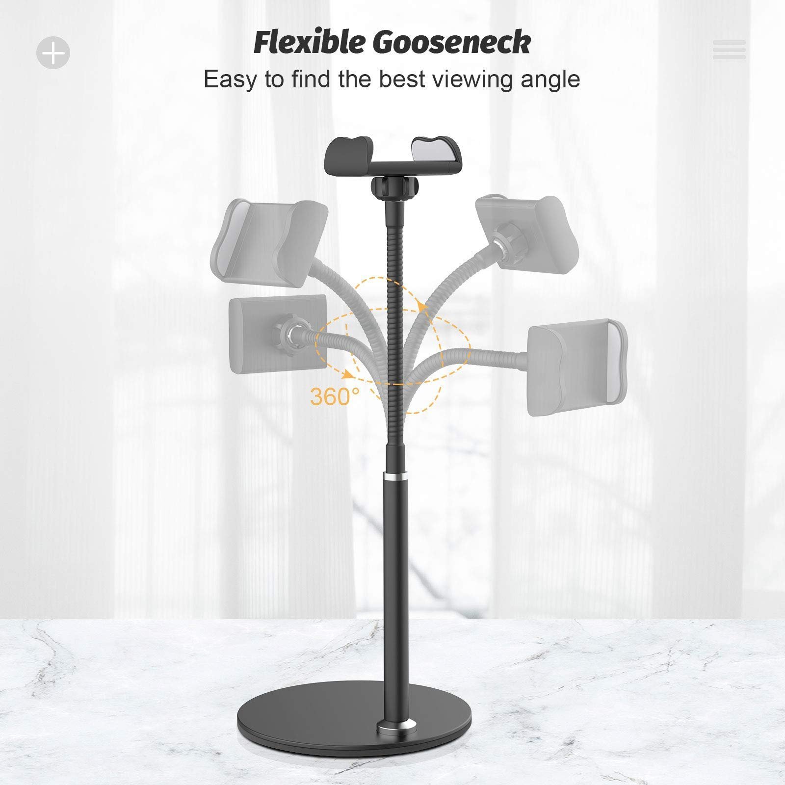 Cell Phone Stand, Adjustable Height & Angle Phone Holder Gooseneck Flexible Arm Universal Phone Stand for Desk, Aluminum Alloy Desktop Cell Phone Holder Compatible with 3.5"-6.5" Device (Black)