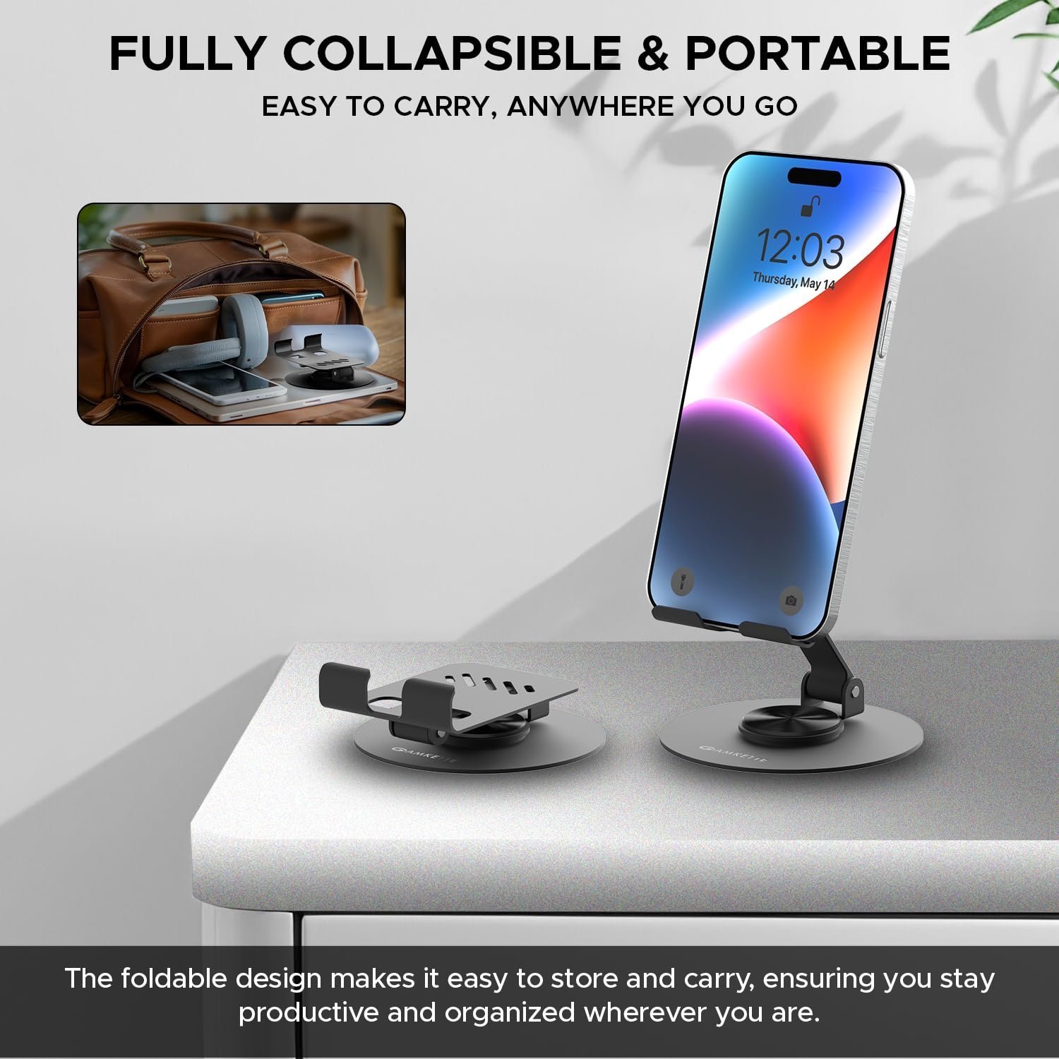 Ergo 360° Alloy Mobile Stand for Desk, Foldable Design with Stable Rotational Metallic Round Base, Multiple Height & Angle adjustments for Smartphones, Tablets & iPad (Black)