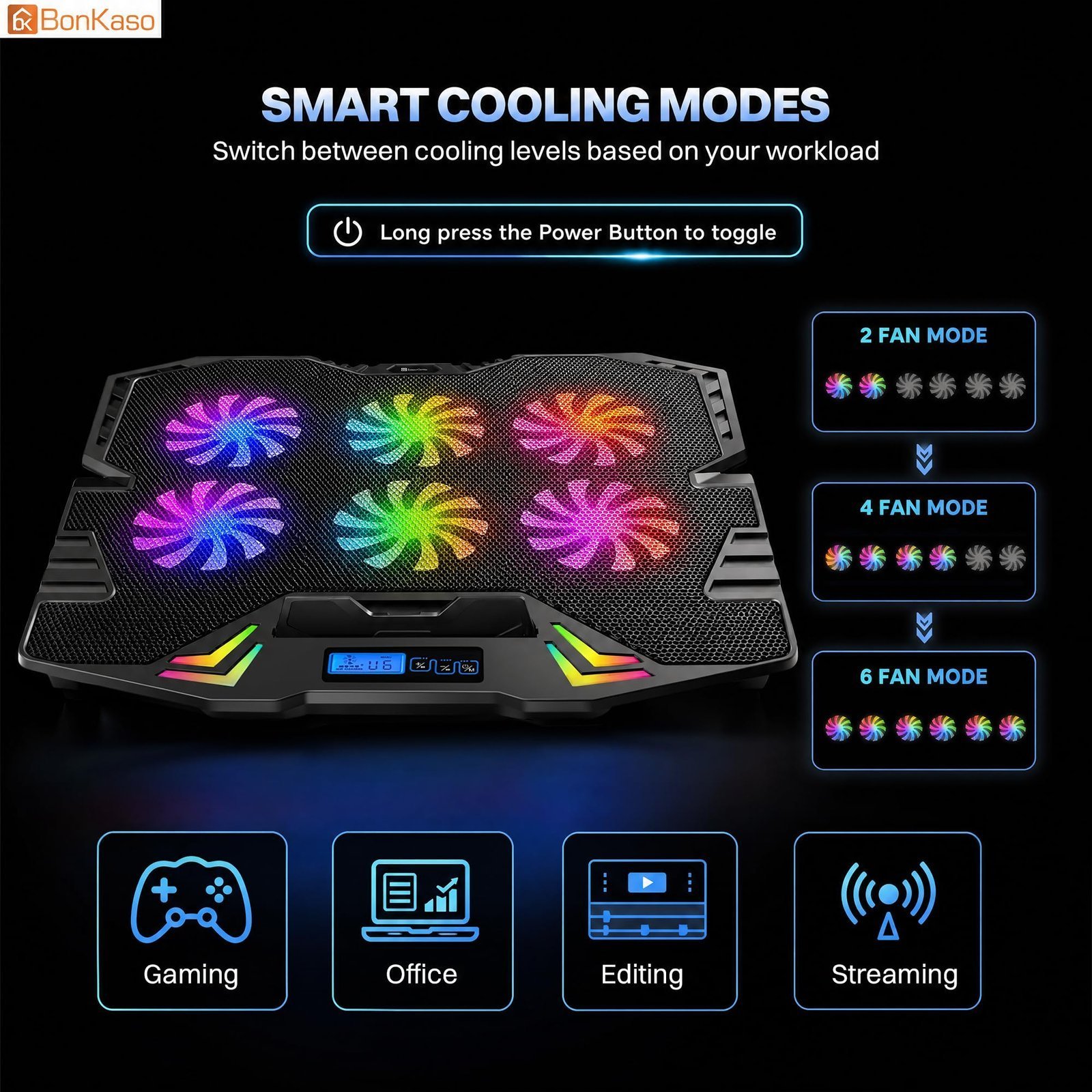 RGB Laptop Cooling Pad for Up to 15.6 Inch Laptops, 6 High-Speed Fans, 1900 RPM, Digital LED Display, 5-Level Height Adjustment, Dual USB, Iron Mesh, Ultra-Quiet