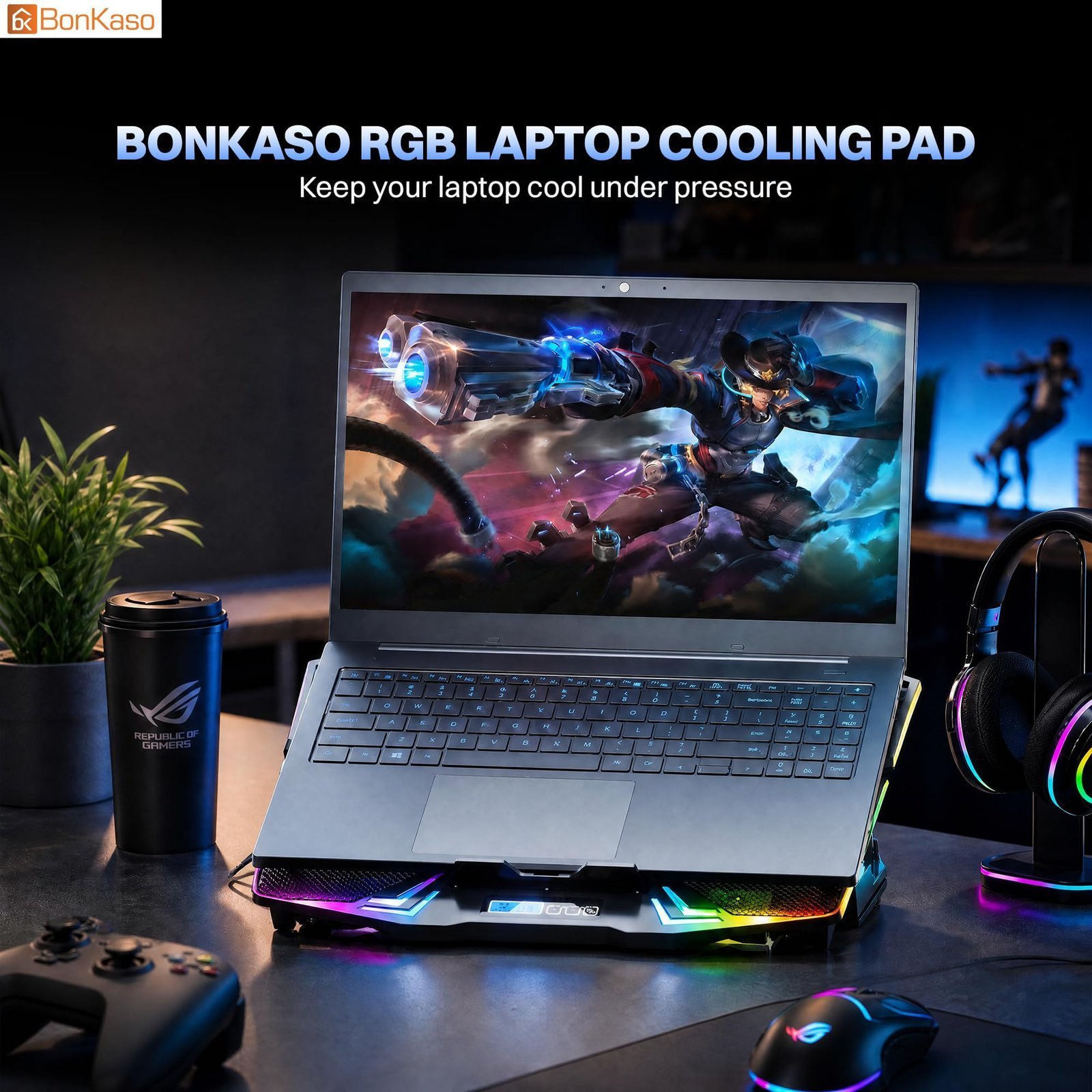 RGB Laptop Cooling Pad for Up to 15.6 Inch Laptops, 6 High-Speed Fans, 1900 RPM, Digital LED Display, 5-Level Height Adjustment, Dual USB, Iron Mesh, Ultra-Quiet