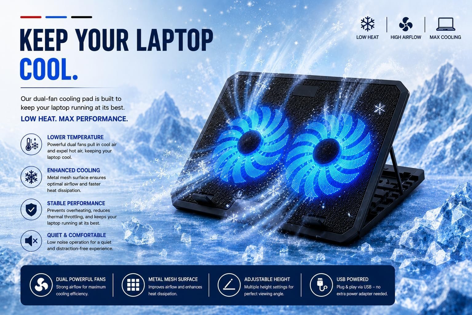 Laptop Cooling Pad with Dual Fan | Blue LED