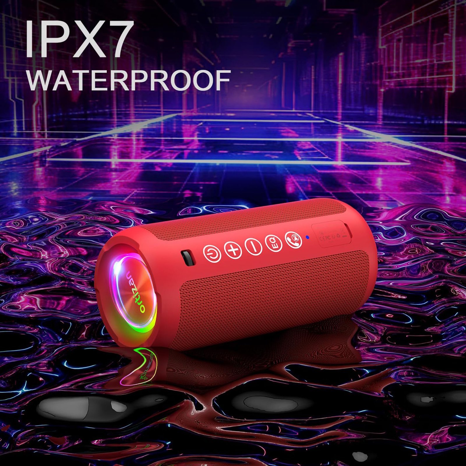 Portable Bluetooth Speaker: IPX7 Waterproof, 24W Loud Sound, Deep Bass, Bluetooth 5.3, LED Lights, Wireless Stereo Pairing, 30H Playtime, for Home/Outdoor/Party/Beach, Birthday Gift (Red)