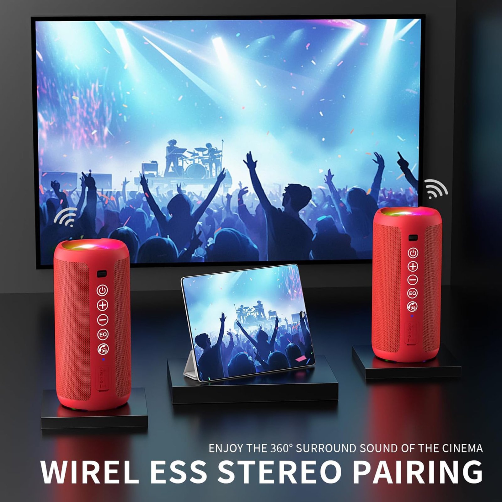 Portable Bluetooth Speaker: IPX7 Waterproof, 24W Loud Sound, Deep Bass, Bluetooth 5.3, LED Lights, Wireless Stereo Pairing, 30H Playtime, for Home/Outdoor/Party/Beach, Birthday Gift (Red)