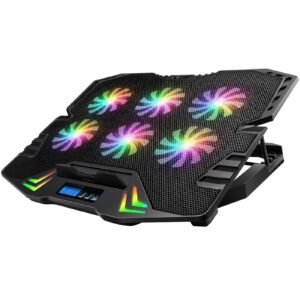 RGB Laptop Cooling Pad for Up to 15.6 Inch Laptops, 6 High-Speed Fans, 1900 RPM, Digital LED Display, 5-Level Height Adjustment, Dual USB, Iron Mesh, Ultra-Quiet