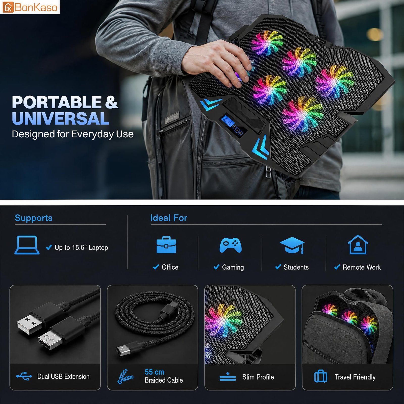 RGB Laptop Cooling Pad for Up to 15.6 Inch Laptops, 6 High-Speed Fans, 1900 RPM, Digital LED Display, 5-Level Height Adjustment, Dual USB, Iron Mesh, Ultra-Quiet