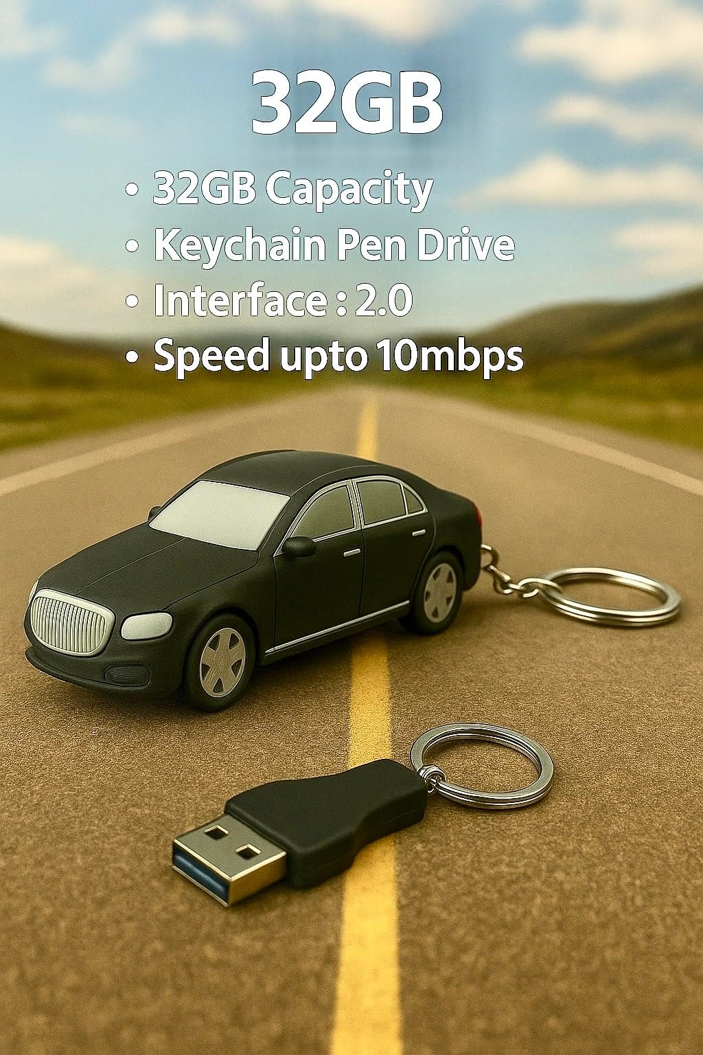 CleverlyGifted® 32GB 2.0 Luxury Car Design USB Flash Drive with Keychain, Black Sedan Shape, Novelty Storage Device, 2.0, Speed Upto 10mbps, Gift Item, Unisex, 1Pc