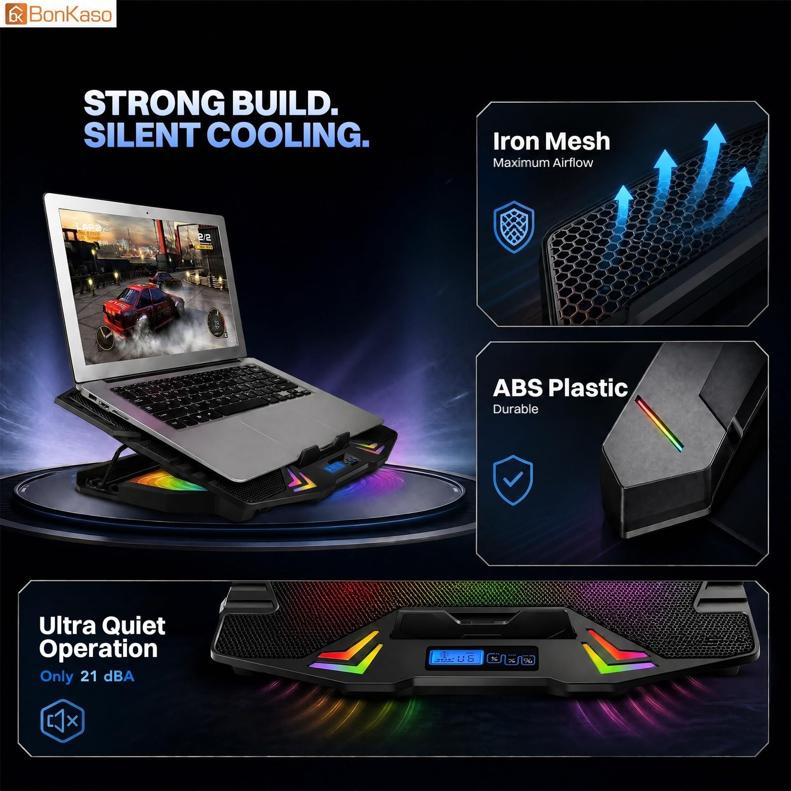 RGB Laptop Cooling Pad for Up to 15.6 Inch Laptops, 6 High-Speed Fans, 1900 RPM, Digital LED Display, 5-Level Height Adjustment, Dual USB, Iron Mesh, Ultra-Quiet