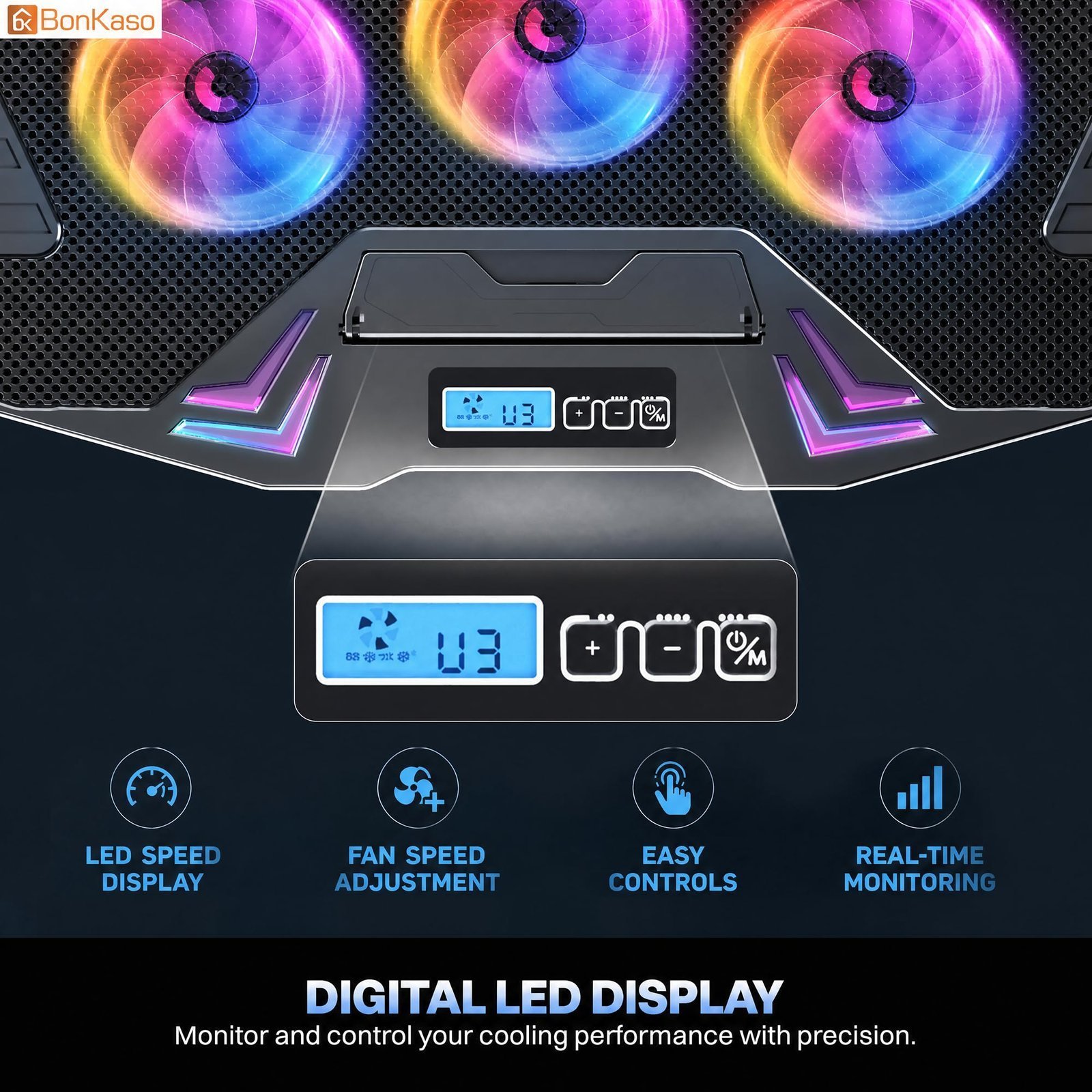 RGB Laptop Cooling Pad for Up to 15.6 Inch Laptops, 6 High-Speed Fans, 1900 RPM, Digital LED Display, 5-Level Height Adjustment, Dual USB, Iron Mesh, Ultra-Quiet