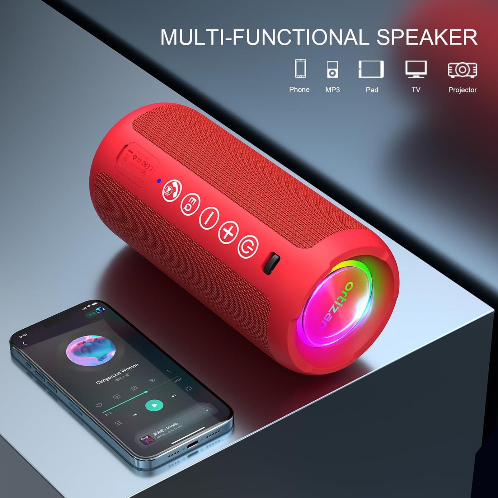 Portable Bluetooth Speaker: IPX7 Waterproof, 24W Loud Sound, Deep Bass, Bluetooth 5.3, LED Lights, Wireless Stereo Pairing, 30H Playtime, for Home/Outdoor/Party/Beach, Birthday Gift (Red)