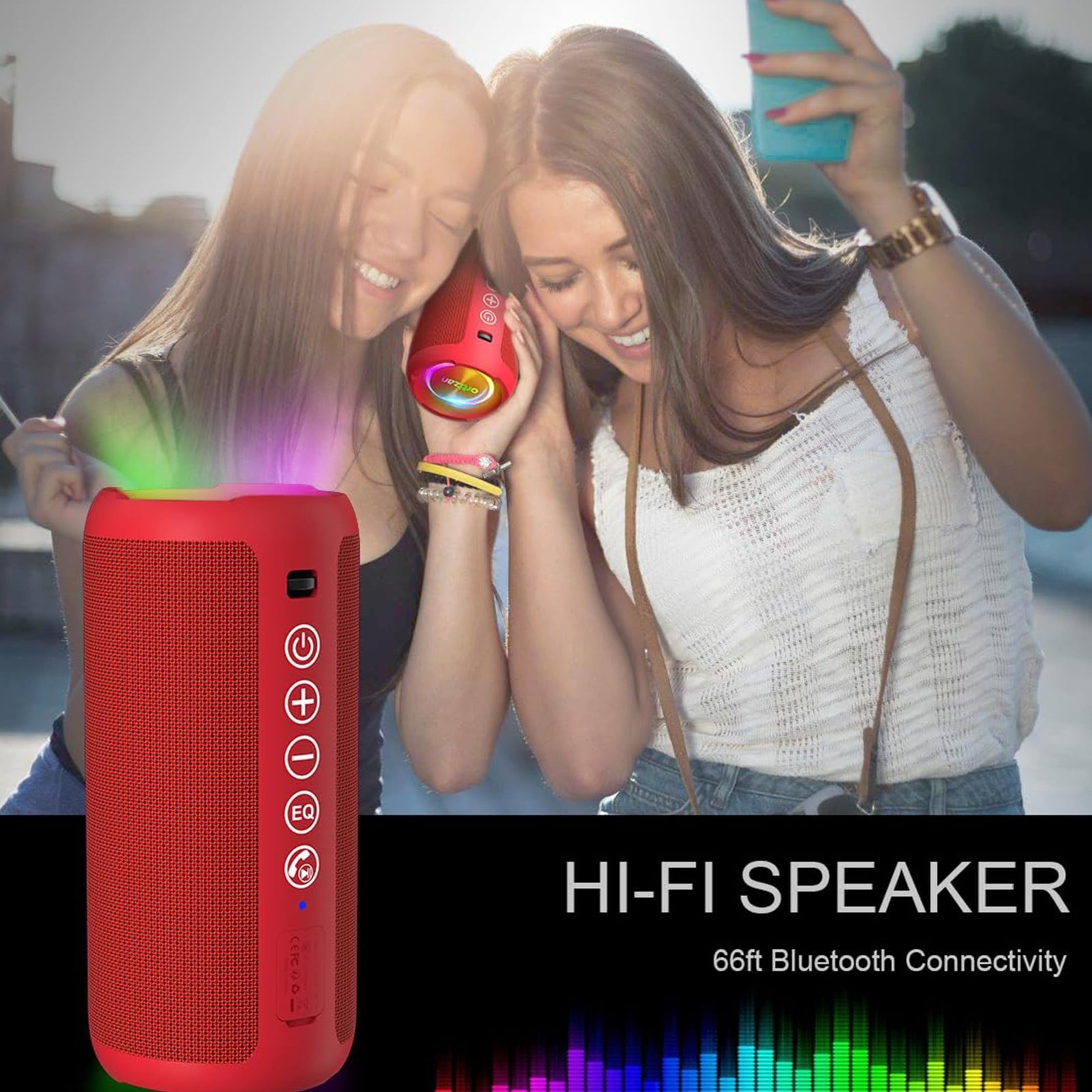 Portable Bluetooth Speaker: IPX7 Waterproof, 24W Loud Sound, Deep Bass, Bluetooth 5.3, LED Lights, Wireless Stereo Pairing, 30H Playtime, for Home/Outdoor/Party/Beach, Birthday Gift (Red)