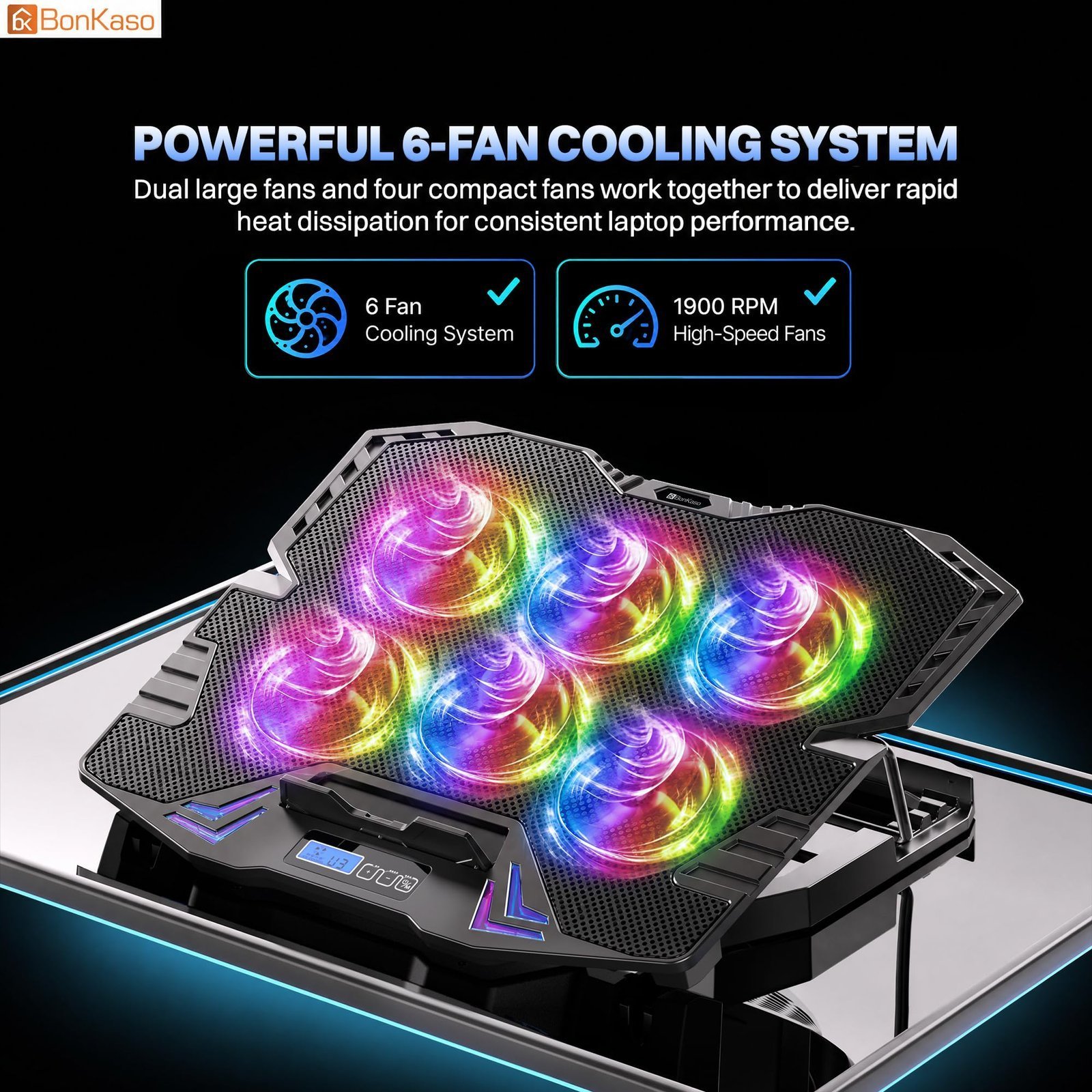 RGB Laptop Cooling Pad for Up to 15.6 Inch Laptops, 6 High-Speed Fans, 1900 RPM, Digital LED Display, 5-Level Height Adjustment, Dual USB, Iron Mesh, Ultra-Quiet