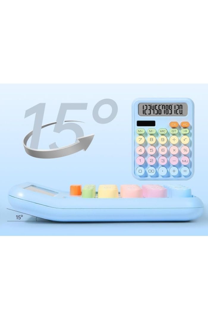 Cute Pastel Calculator with Colorful Buttons, 12-Digit Display, Desktop Calculator, Blue,