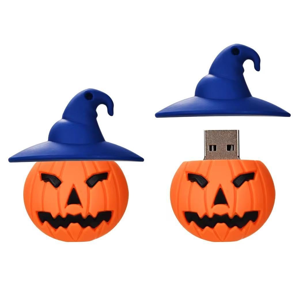 SippyTales® 128GB | 2.0 | Halloween Pumpkin USB Flash Drive, Witch Hat Design, Orange and Blue, PVC Rubber, 1Pc