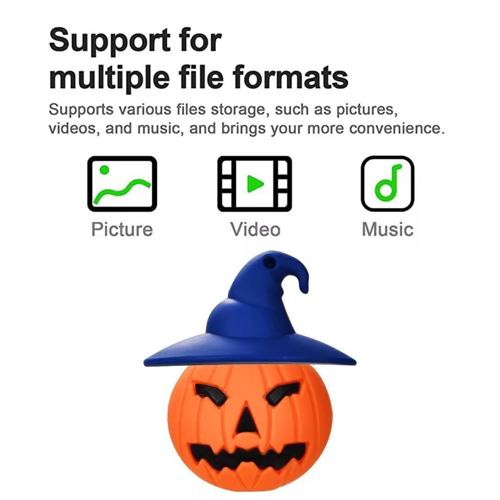 SippyTales® 128GB | 2.0 | Halloween Pumpkin USB Flash Drive, Witch Hat Design, Orange and Blue, PVC Rubber, 1Pc
