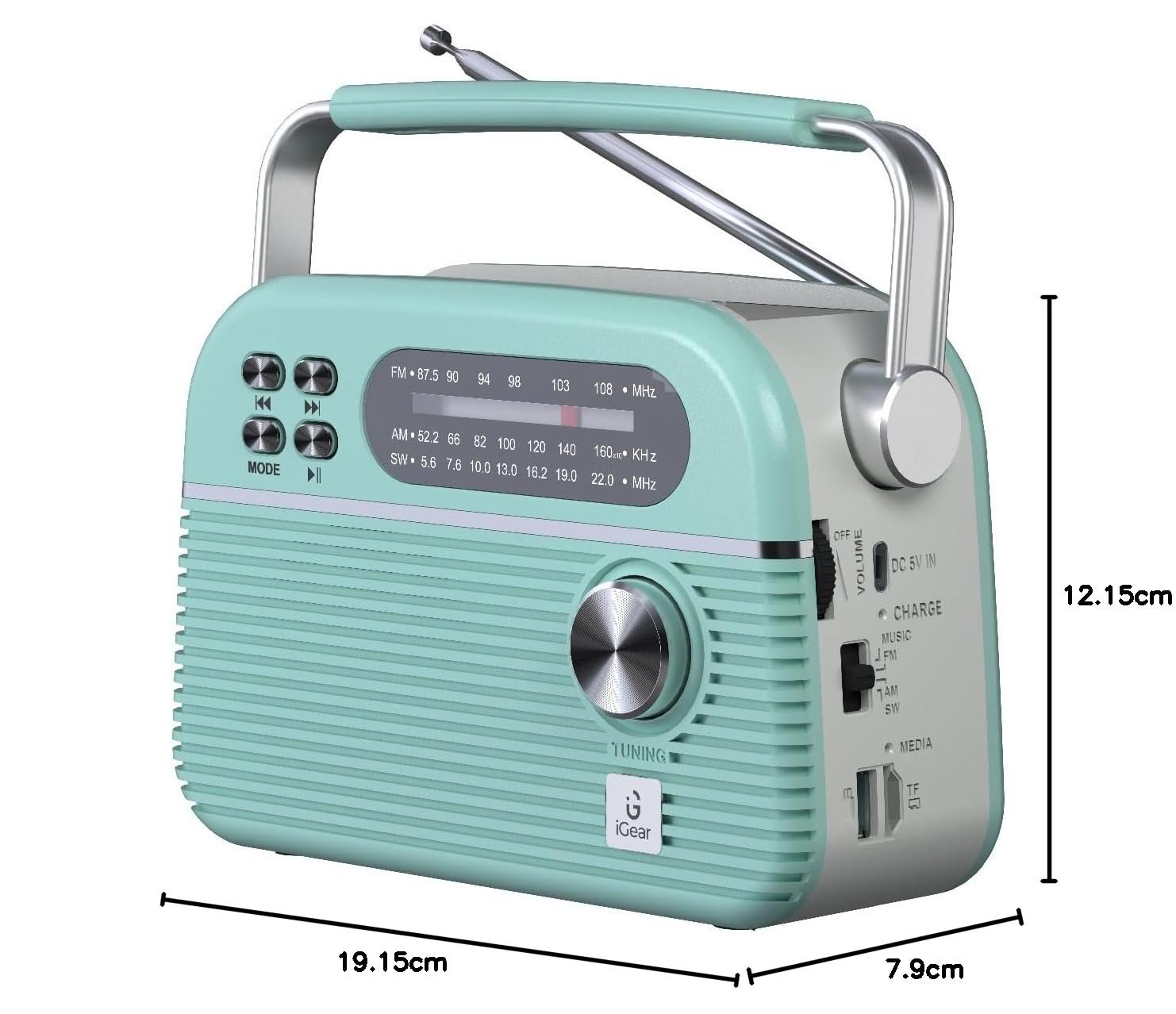 Trinity Solar-Powered MP3 Player & 3-Band Radio with FM/AM/SW, Retro Modern Style, Bluetooth, USB, TF/SD Card, 1200 mAh Rechargeable Battery, Solar Charger, 1 Year Replacement Warranty (Blue)