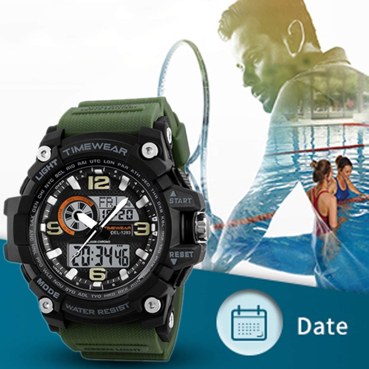 Sports Green Silicone Strap, Black Dial, Dualtime, Automatic Calendar, Alarm, Stopwatch, Analog-Digital Watch for Men