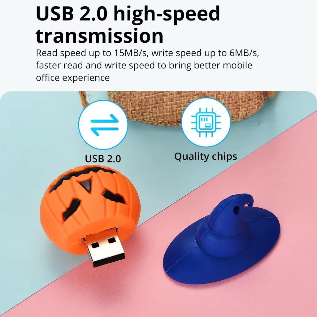 SippyTales® 128GB | 2.0 | Halloween Pumpkin USB Flash Drive, Witch Hat Design, Orange and Blue, PVC Rubber, 1Pc