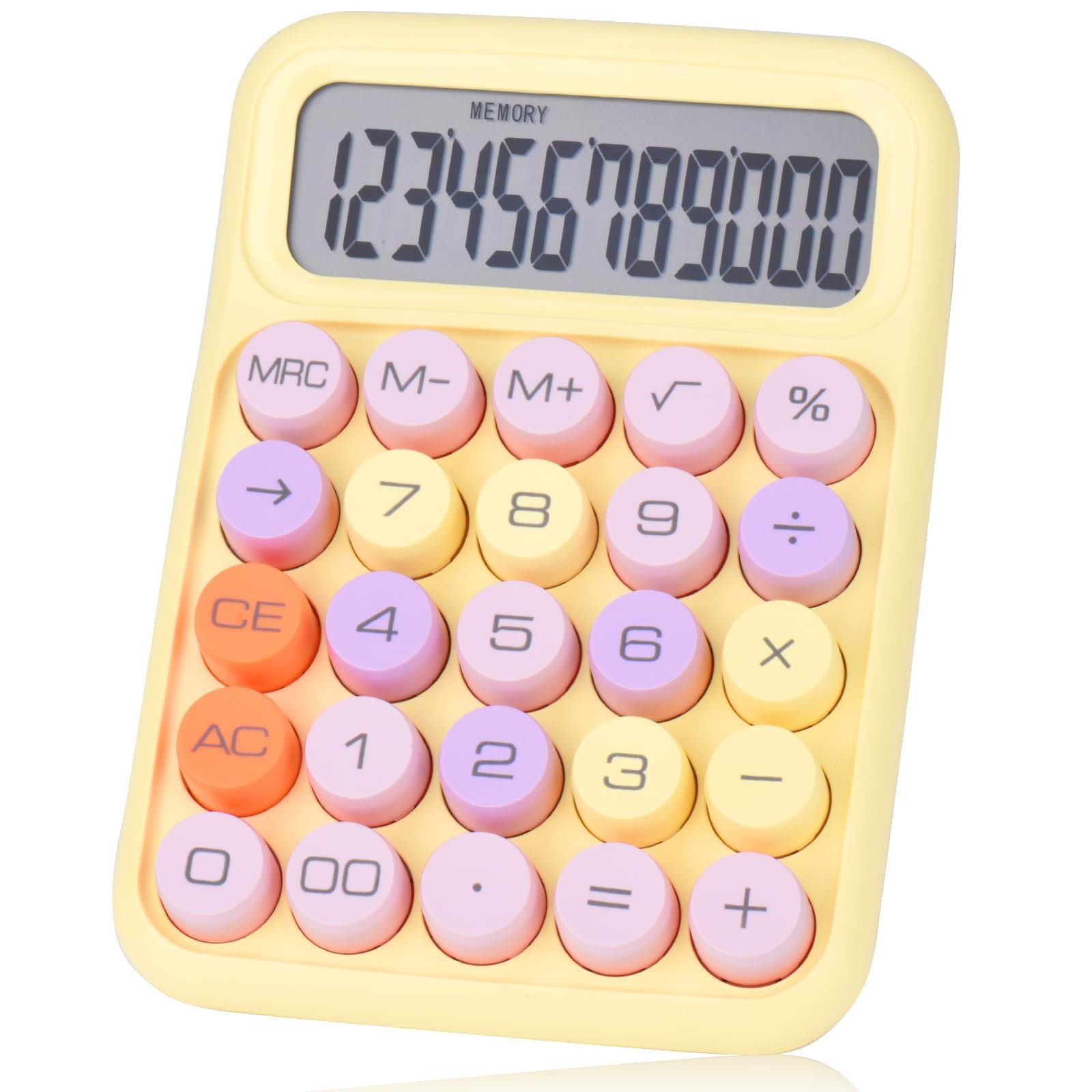 Mechanical Pushbutton Calculator,12 Digit Large LCD Display,Big Buttons Easy to Press,Colorful Candy Calculator,Automatic Sleep,with Battery.for Office,School, Home. (Yellow)