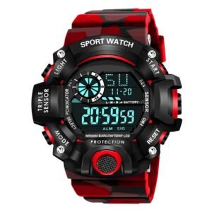 Digital Sports Multi Functional Rubber Black Dial Watch for Mens Boys -315RED (Red)
