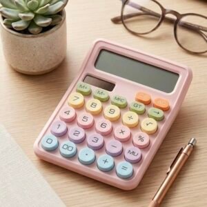 Desktop Calculator, 12-Digit LCD Display, Pastel Pink with Colourful Keys